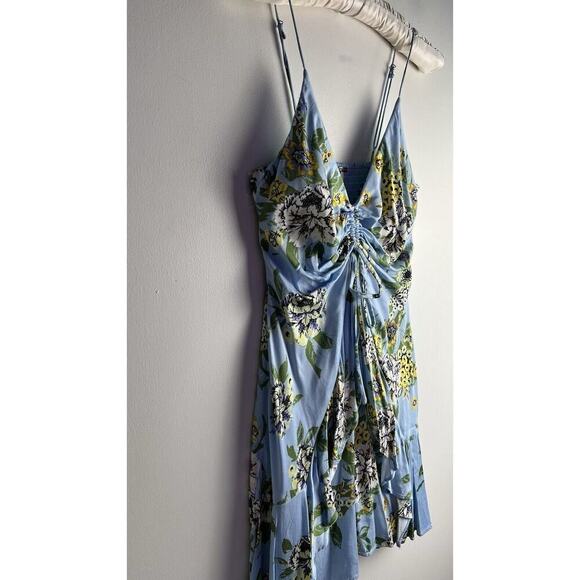 Free People Happy Heart Baby Blue Floral Ruched Mini Dress Size XS Stretch Smock - Picture 4 of 10